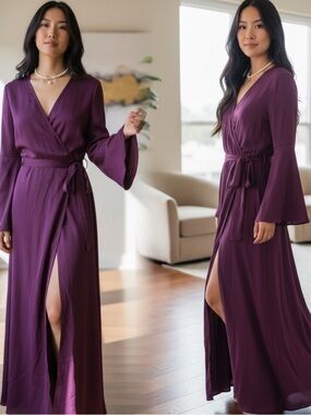 IRIS Long Sleeve Wrap Style Maxi Romper in Plum